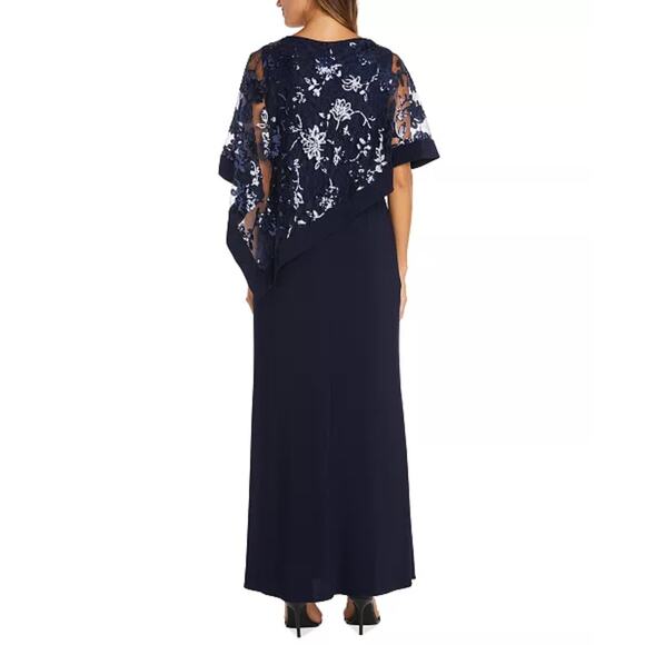 NWT R&M Richards Navy Blue 1 Piece Sequin Lace Poncho Sheath Dress Womens Size 8 - Picture 2 of 16